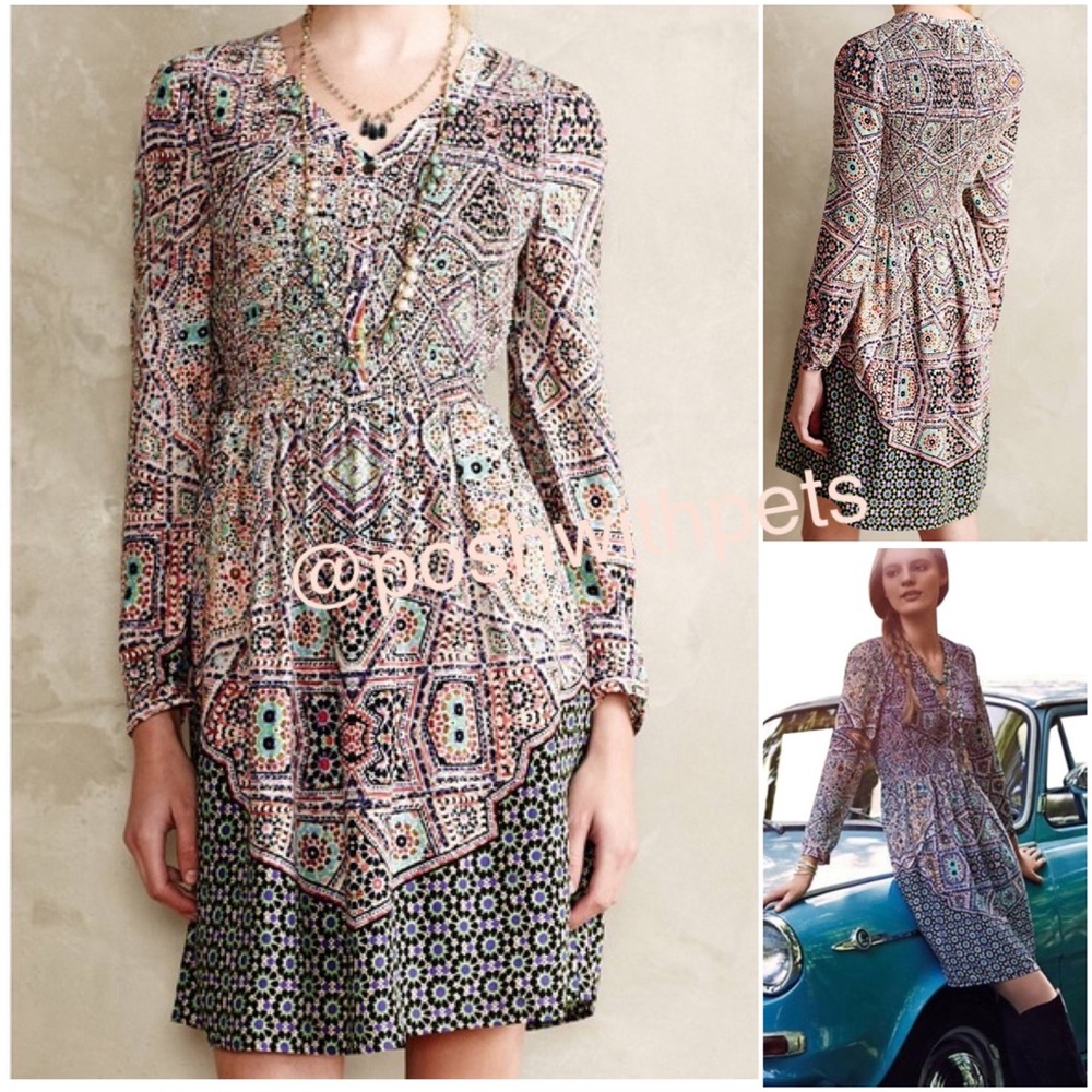 Maeve Anthropologie Tiled Amethyst Smocked Button Up Bodice Short Dress S Petite